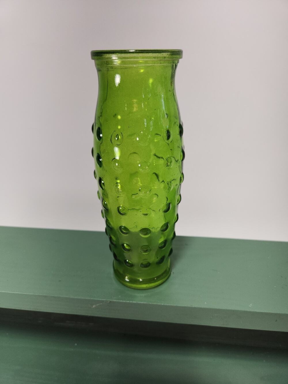 Vintage Olive Green Hobnail Glass Bud Vase 8" Mid Century Pressed Glass